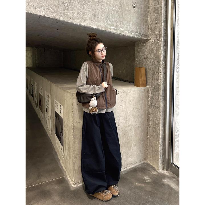 韩系早秋穿搭慵懒风高级感巨好看的棕色马甲上衣阔腿裤休闲套装女