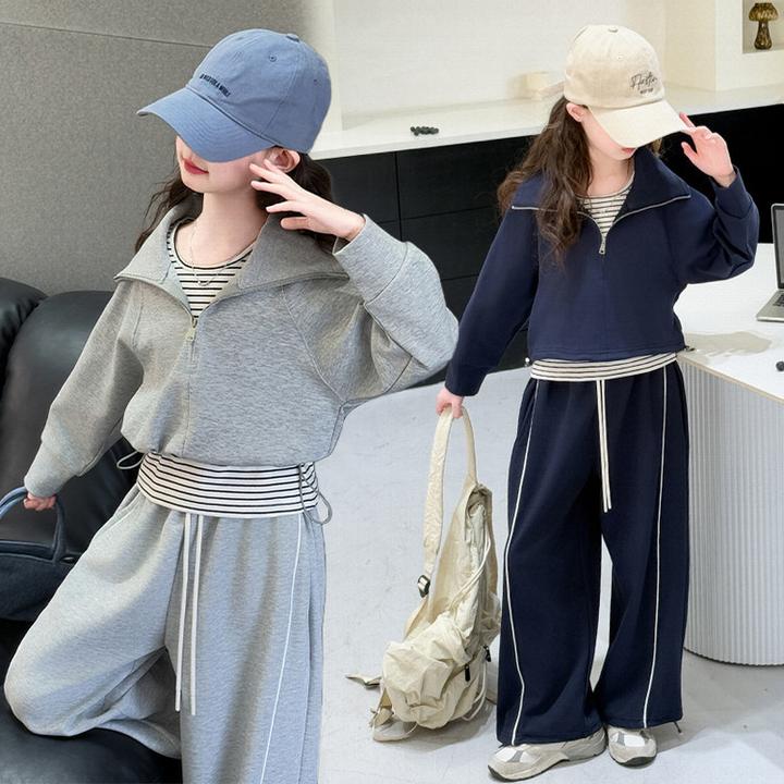 休闲运动套装女童2025春秋新款韩系减龄翻领卫衣阔腿裤三件套