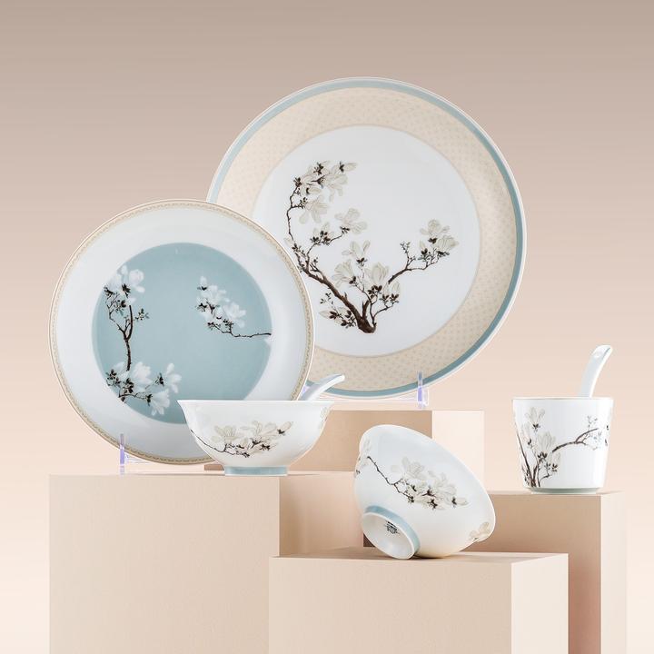 景德镇官方旗舰店中国色高温白瓷汤饭碗餐盘子家用餐具套装玉兰香