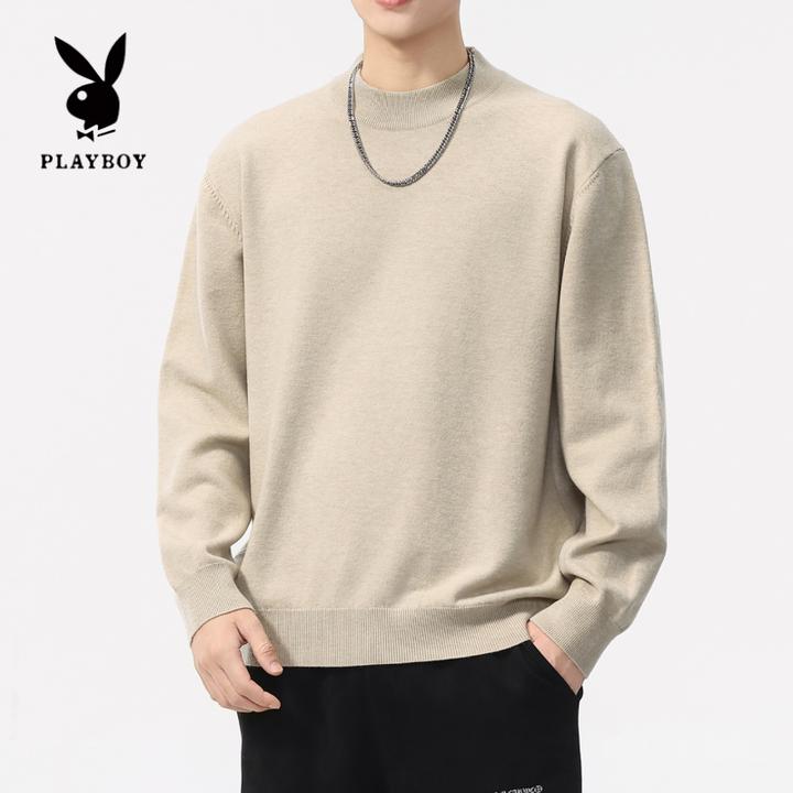 花花公子半圆领毛衣男士秋冬新款纯色打底针织衫宽松潮流保暖线衣