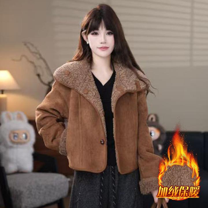 2025年冬季新款百搭气质减龄短外套女加棉加厚翻领单排扣上衣外套