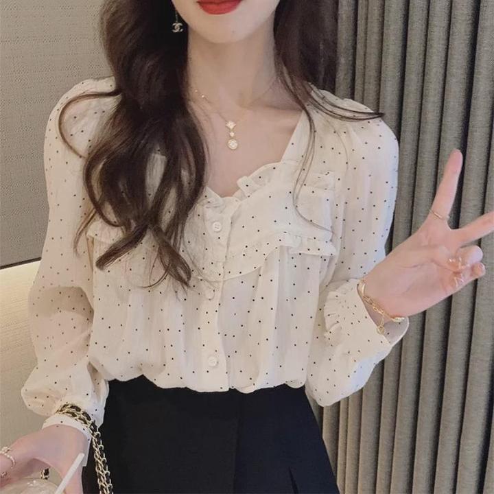 雪纺木耳边长袖衬衫女春新款职业设计感小众时尚气质波点上衣秋冬