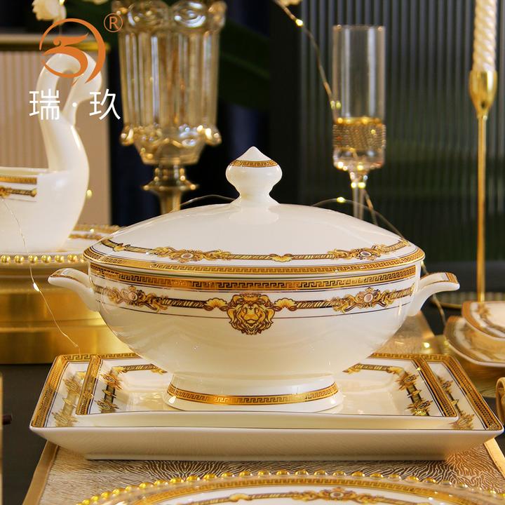 瑞玖家用欧式双耳防烫汤盆式金边骨瓷大号带盖品锅大碗汤碗汤锅
