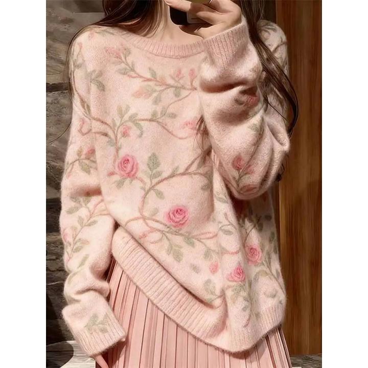 氛围感玫瑰印花针织衫女秋冬慵懒宽松套头毛衣打底衫气质长袖上衣