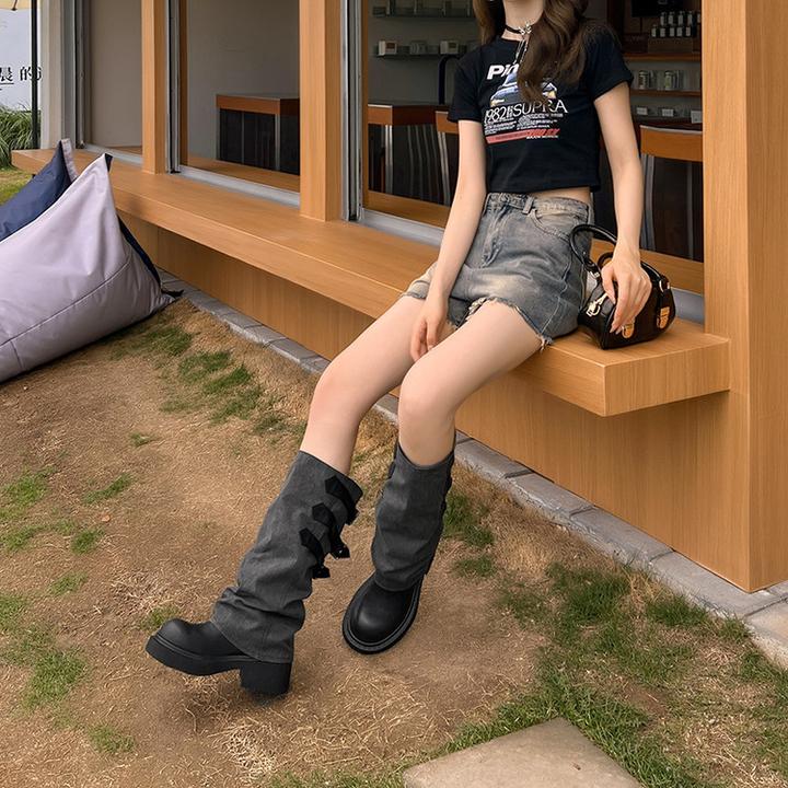 轻奢鞋子水洗做旧牛仔复古裤管靴女秋季透气小个子厚底长筒骑士靴