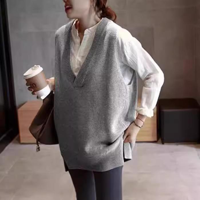 AAA25韩版V领马甲女秋冬新款百搭外穿中长款宽松大码针织毛衣背心