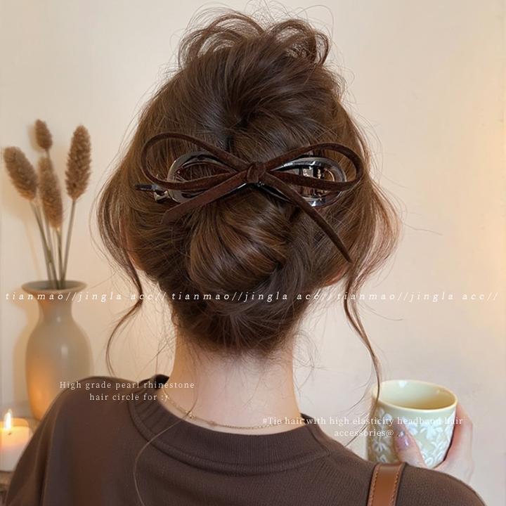 气质丝绒蝴蝶结发夹女后脑勺盘发扭扭一字夹发量多抓夹高级感发饰