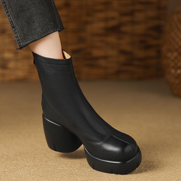 通勤百搭羊皮高跟瘦瘦靴小个子厚底粗跟短靴女秋冬加绒圆头及踝靴