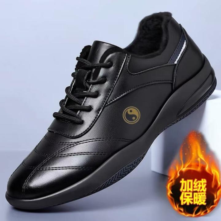 太极鞋男士秋冬加绒真皮练功鞋软底软面八段锦武术鞋防滑耐磨男鞋