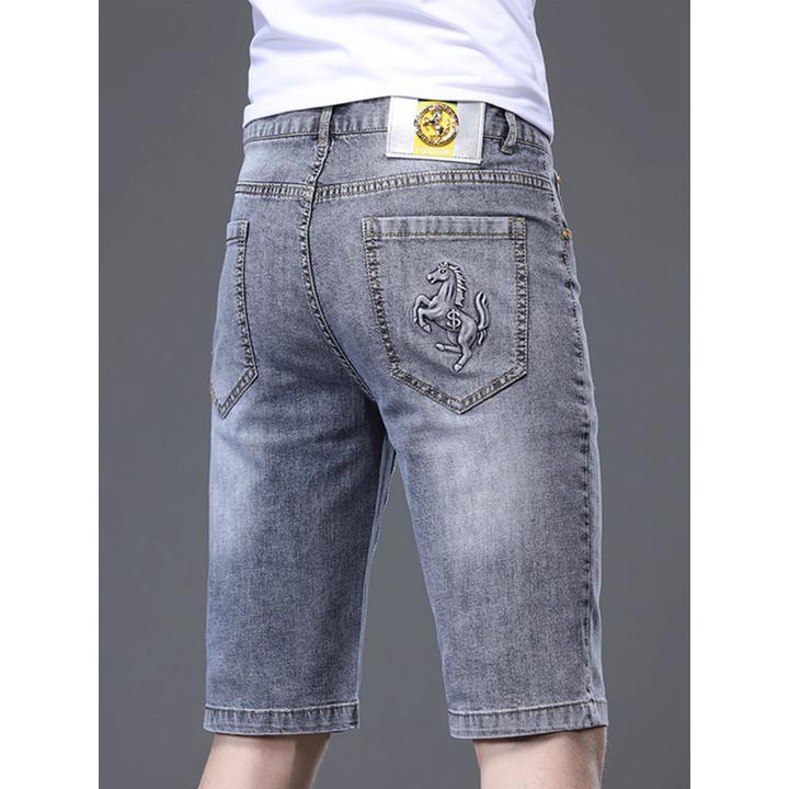 Leekody香港高端烟灰色五分牛仔裤男款夏季潮牌修身直筒弹力5分裤