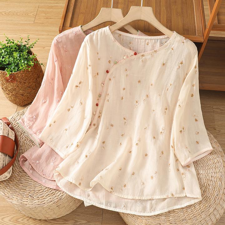 高端苎麻刺绣七分袖衬衫女2025夏季款斜门襟中式茶服轻薄小衫上衣