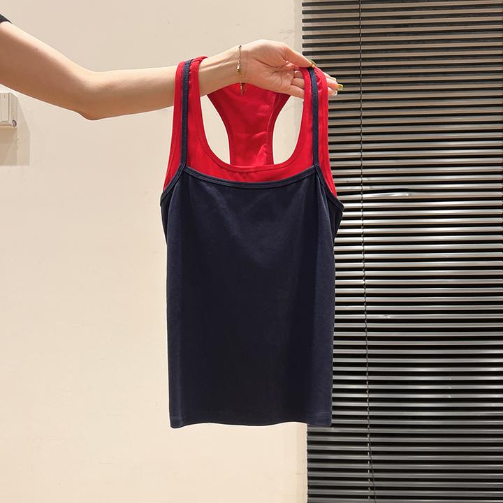 美式复古深蓝色挂脖假两件吊带背心女夏季新款韩系纯欲短款小上衣