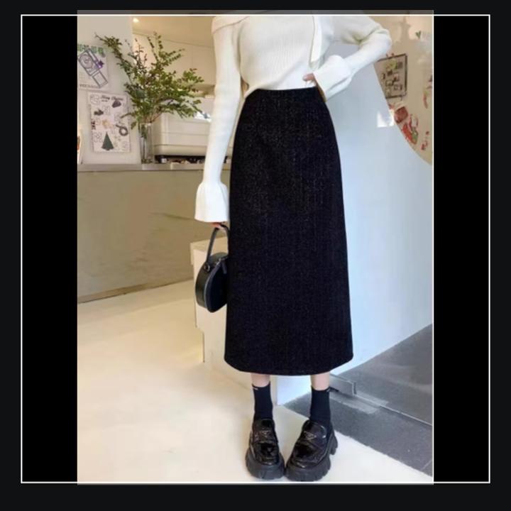 6603# 时尚高腰藏肉韩版亮丝气质开叉中长小香风过膝半身裙