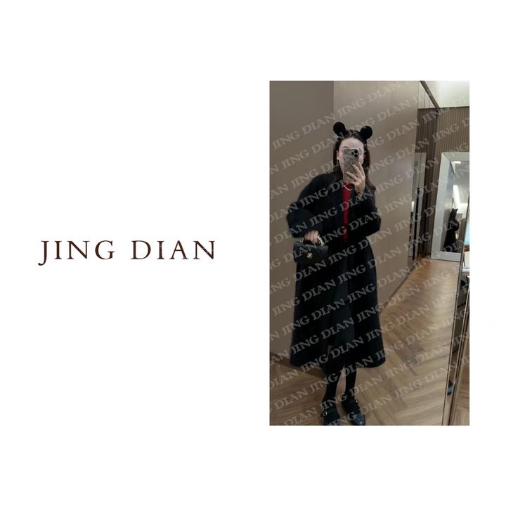【JING DIAN】黑色气质V领长款羊毛羊绒大衣2067中长款秋冬宽松轻奢