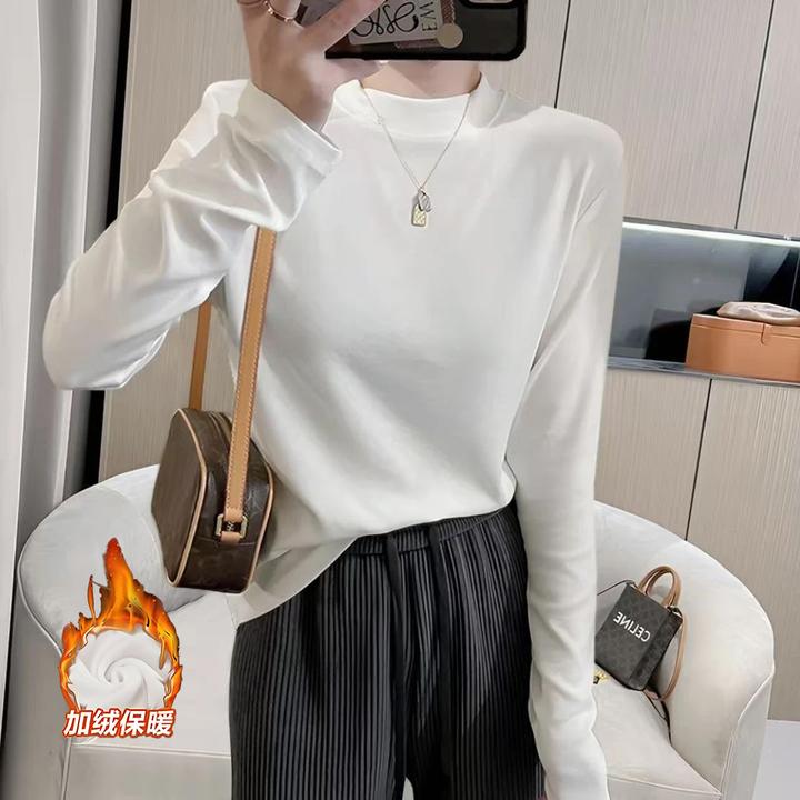 立领白色百搭打底衫2025秋冬新款半高领修身加绒加厚显瘦长袖上衣