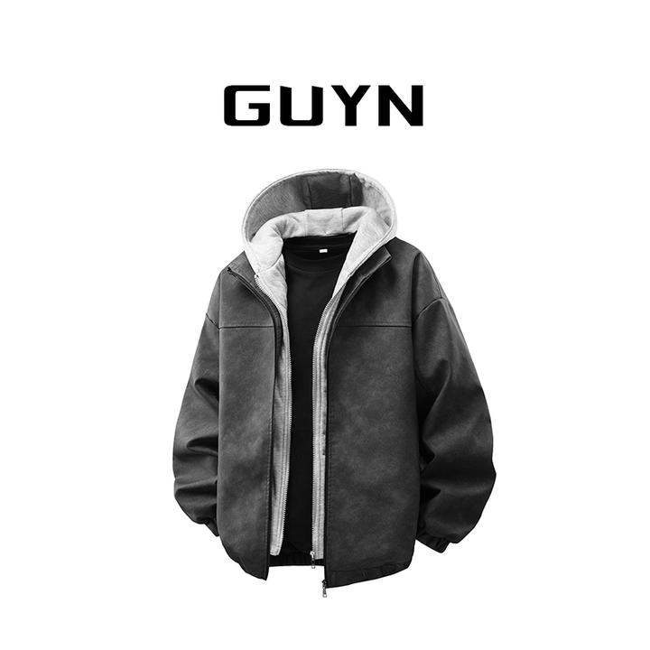 【品牌正品现货】GUYN皮夹克厚款外套男秋季美式复古假两件连帽上衣