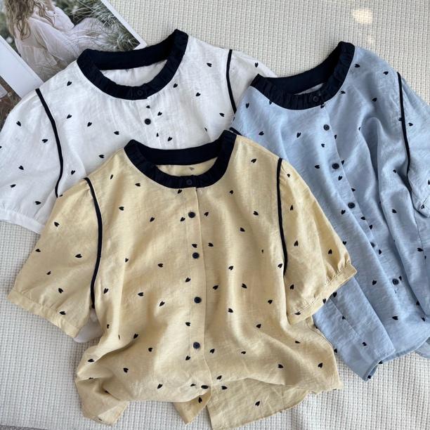 2025夏日简约新款时尚爱心拼色圆领短袖衬衫韩版百搭修身上衣女