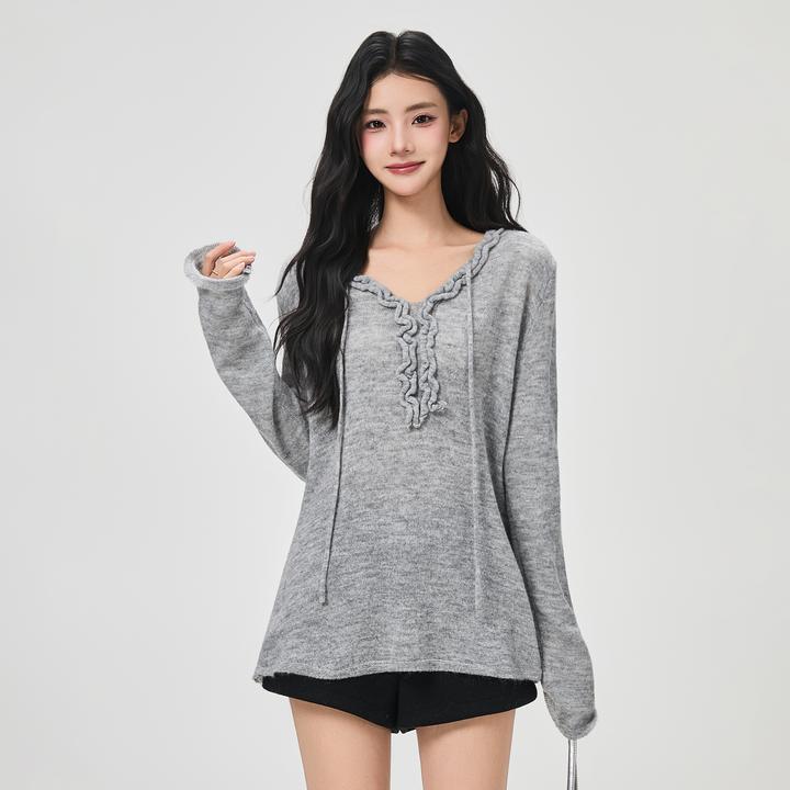 （小韩家）秋冬新款木耳边V领针织衫女气质系带设计感宽松长袖上衣