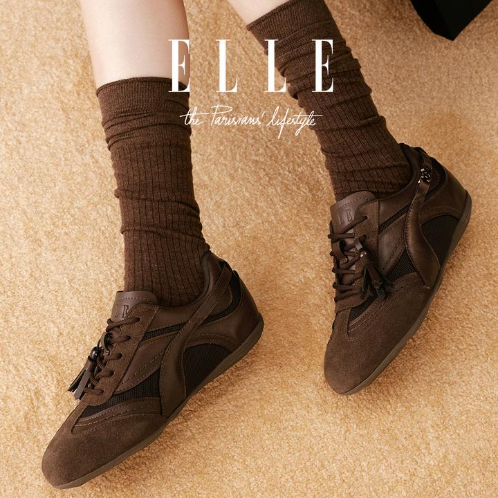 ELLE流光风平底德训鞋女2025秋季新款赛车鞋复古防滑内增高阿甘鞋