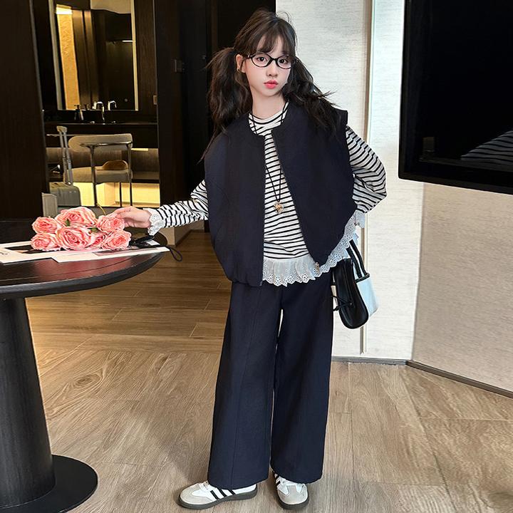 女童秋装套装洋气2025新款时髦女孩高级感春秋马甲三件套爆款潮