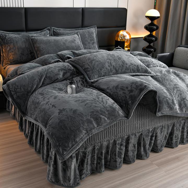 法式雕花牛奶绒床盖四件套冬季加厚双面绒被套纯色婚庆床上用品