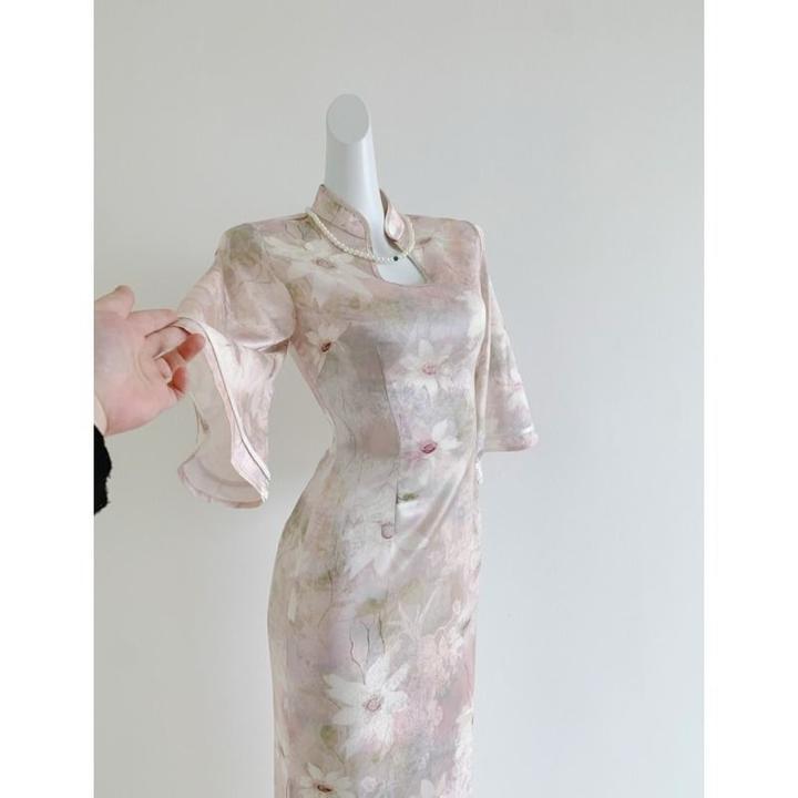 画报夫人【春信】新中式国风倒大袖温柔粉色水滴领旗袍收腰修身开