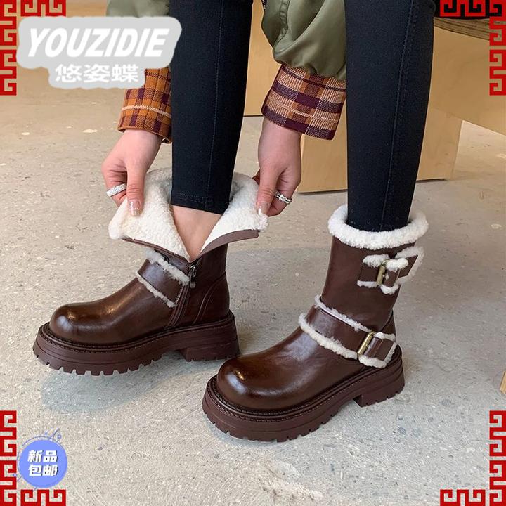 YOUZIDIE皮面雪地靴女短筒防水防滑防寒2025冬季新款保暖