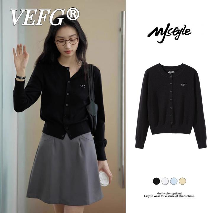 VEFG刺绣蝴蝶结毛衣外套女2025秋季新款黑色休闲柔软舒适针织开衫