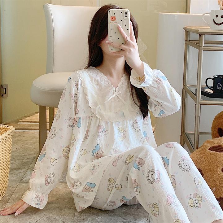 云朵棉新款睡衣女长袖长裤两件套装可外穿蕾丝花边简约印花家居服