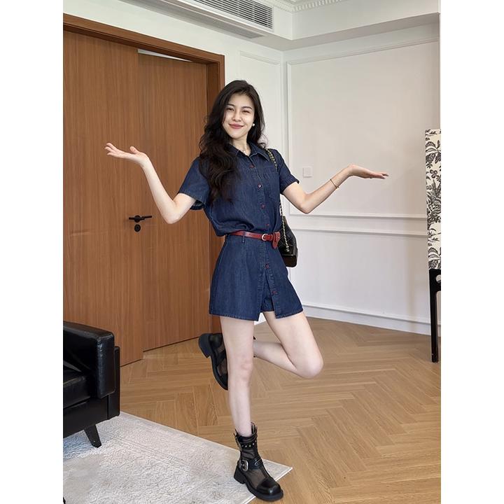 张阿星【胶片记忆】莱赛尔港风撞色复古时尚牛仔衬衫收腰遮肉裙裤