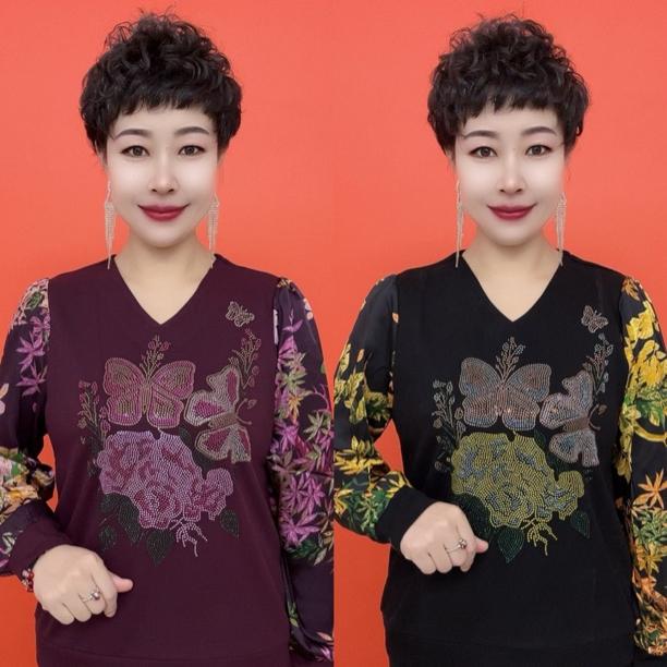 时尚V领蝴蝶花拼袖妈妈衫