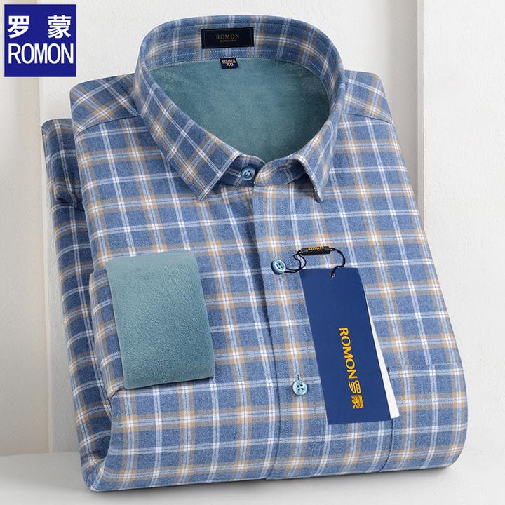 罗蒙秋冬新款【加绒加厚纯棉】男士保暖衬衫长袖高档商务休闲衬衣