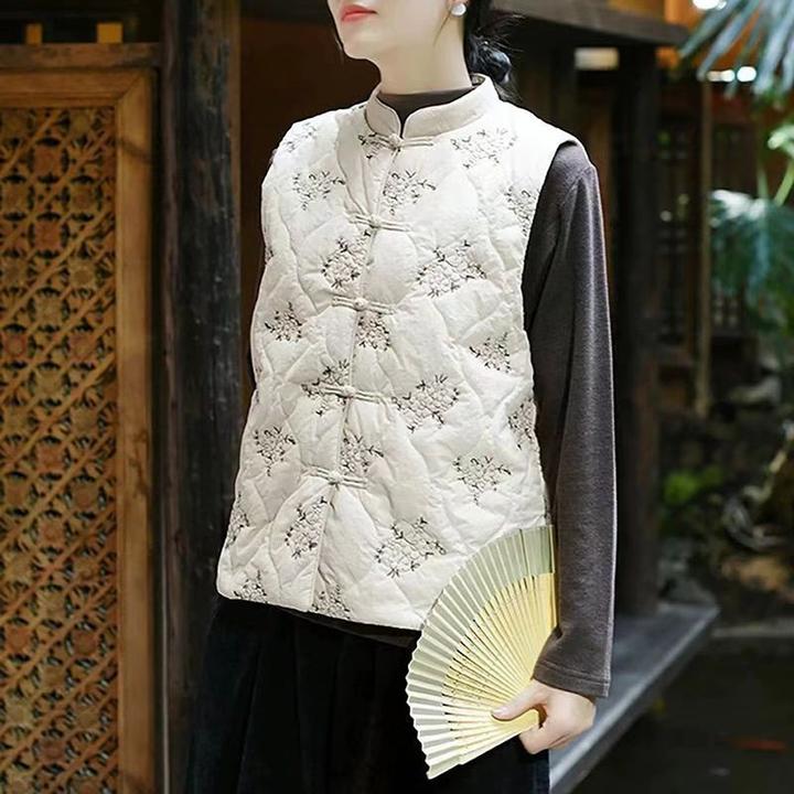 重工刺绣棉服马甲背心女式2025秋冬复古新中式坎肩保暖米白色外套