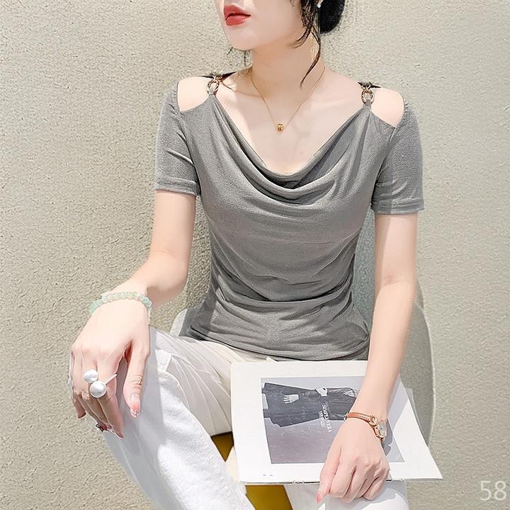 网红高级感时髦半袖短袖女t恤女款爆款2025新款一字肩上衣小衫休