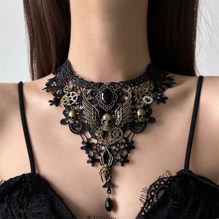 合金布艺项链 X6025-1复古朋克骷髅齿轮蕾丝项链时尚个性夸张ins