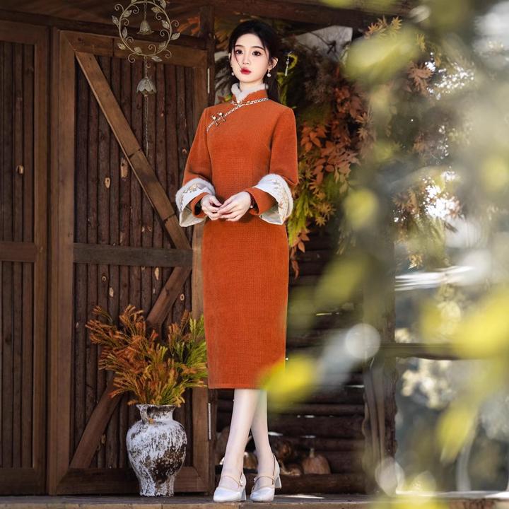 贝之韵雪尼尔倒大袖旗袍2024秋冬款新中式加绒加厚复古民国风