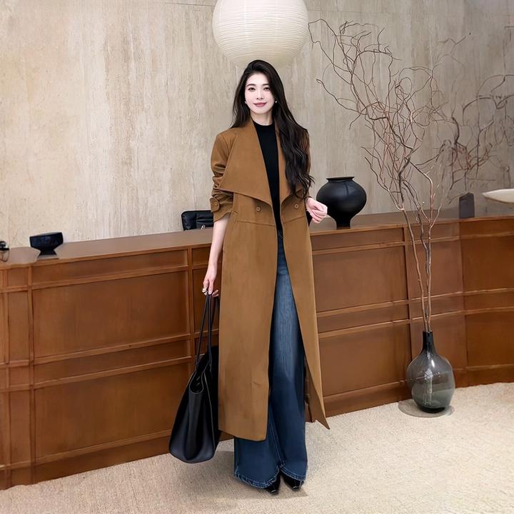 韩版复古设计感大翻领外套女2025冬季新款显瘦麂皮绒过膝长款大衣