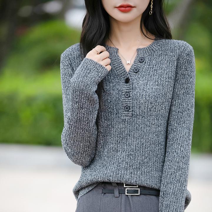 设计感剪刀领精仿羊毛针织衫女士修身半开V领秋冬内搭打底衫毛衣