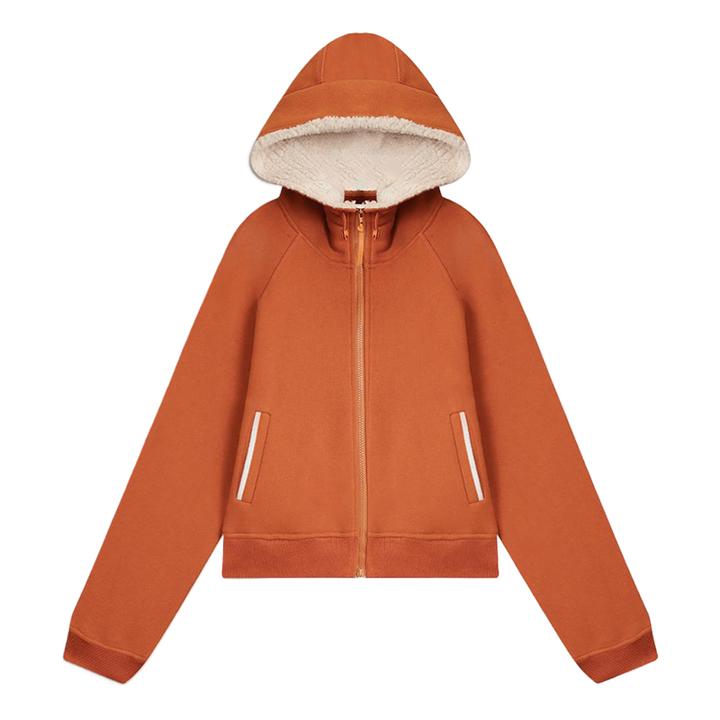 秋冬新款橘色拉链连帽卫衣女慵懒时尚减龄显瘦颗粒绒加厚外套上衣