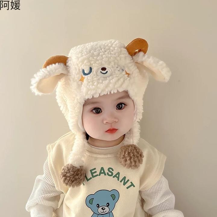 婴儿帽子冬季护耳帽超萌宝宝毛绒套帽男婴儿秋冬毛绒卡通护耳帽
