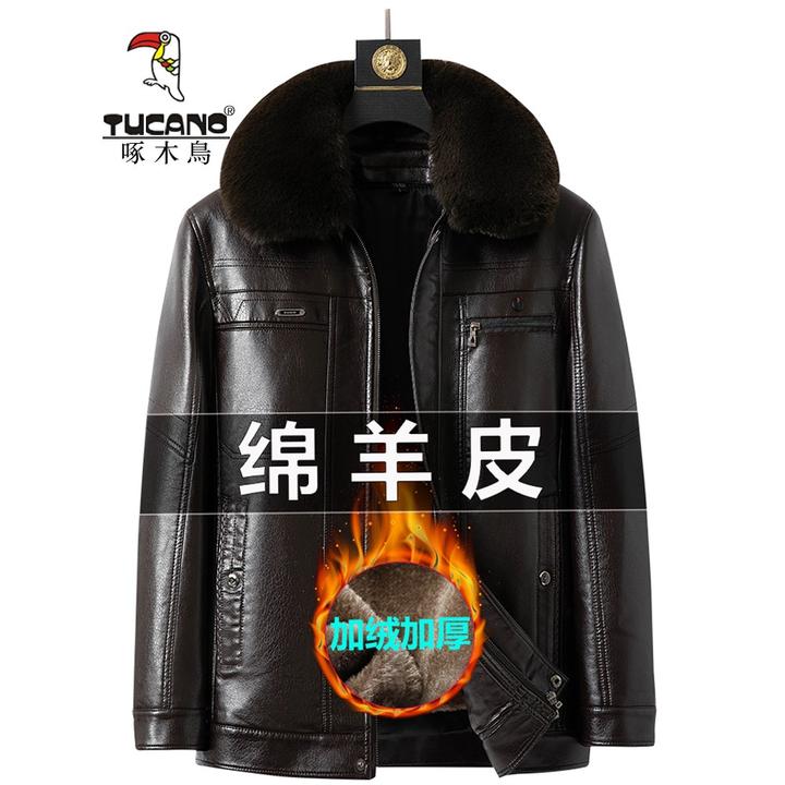 啄木鸟中老年可脱卸内胆加绒加厚保暖大码爸爸装男士皮夹克外套