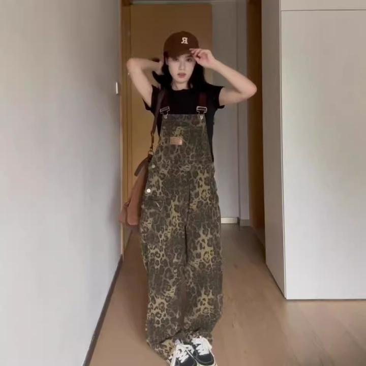 百搭美式高街豹纹牛仔背带裤女2025年春秋季新款复古宽松阔腿长裤