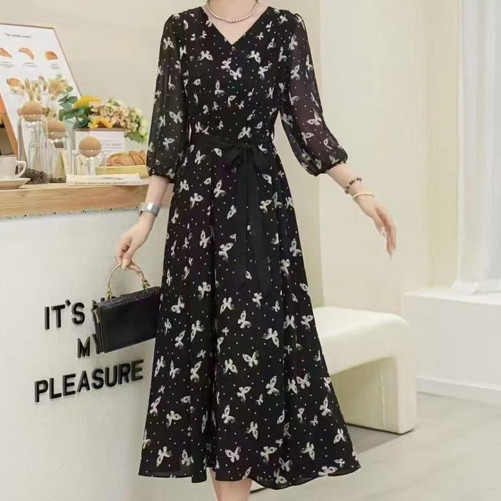 A字裙V领高碎花裙连衣裙女装优雅中长款百搭法式夏季LY-G4082-A25