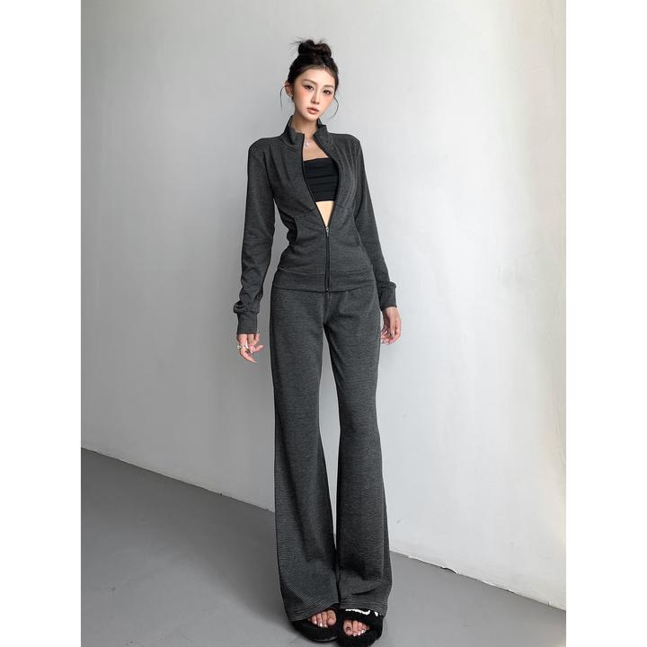 休闲风百搭条纹立领外套女2025新款薄绒拉链开衫修身显瘦长袖上衣