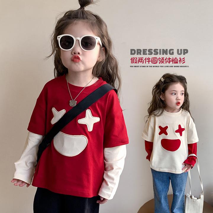 小女孩假两件卫衣2025春季新款儿童时尚笑脸T恤宝宝韩版宽松上衣