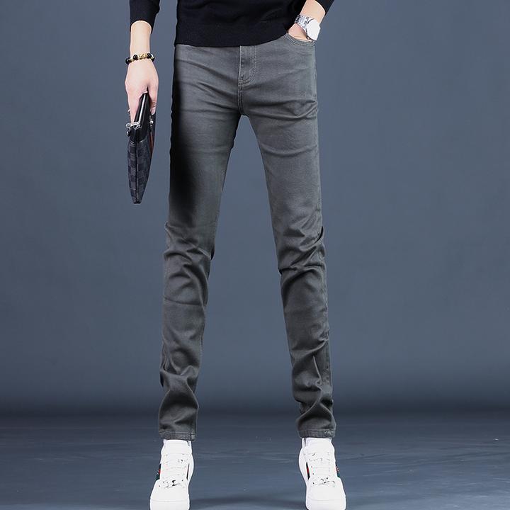 Cebrodz秋季男士牛仔裤男修身显瘦小脚潮流弹力休闲裤墨绿色长裤