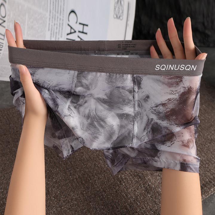 新款冰丝薄款舒适男士内裤男款抽象印花短裤头男士时尚个性四角裤