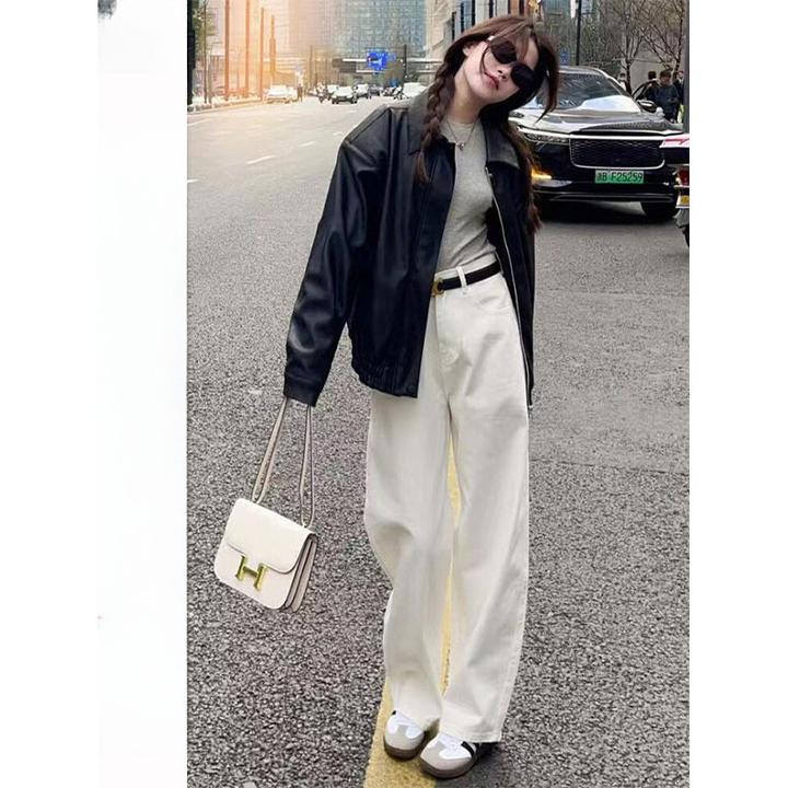 白色直筒牛仔裤女加绒秋冬大码胖mm高腰显瘦遮胯梨形身材阔腿裤子