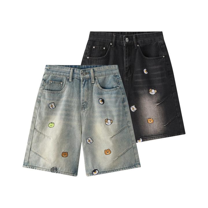 可爱动物图案百搭女生短裤夏季新款设计感薄款牛仔裤拉链五分裤子