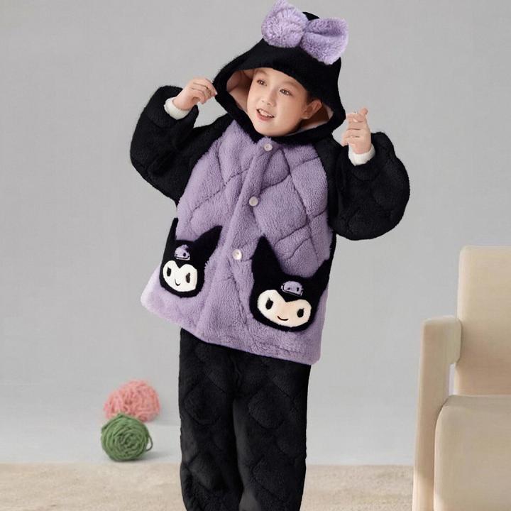 女童冬天三层夹棉睡衣宝宝加厚儿童法兰绒家居服保暖棉服加厚套装